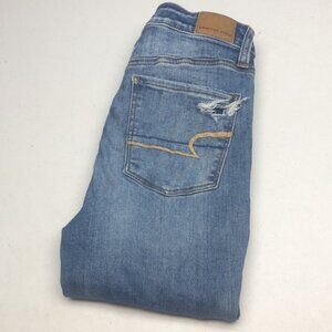 FACTORY DISTRESS AMERICAN EAGLE SUPER HI-RISE JEGGING JEANS 0/25x26 🇺🇸